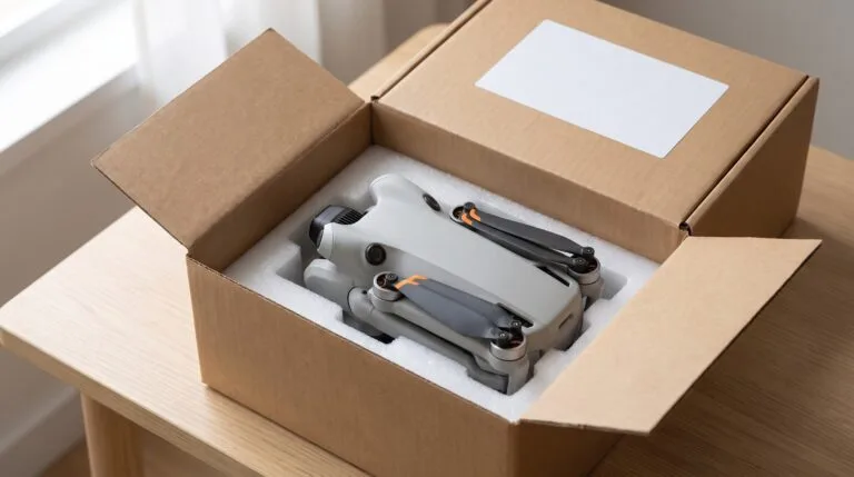 Caixa de encomenda aberta com um drone dobrado dentro, sobre a mesa