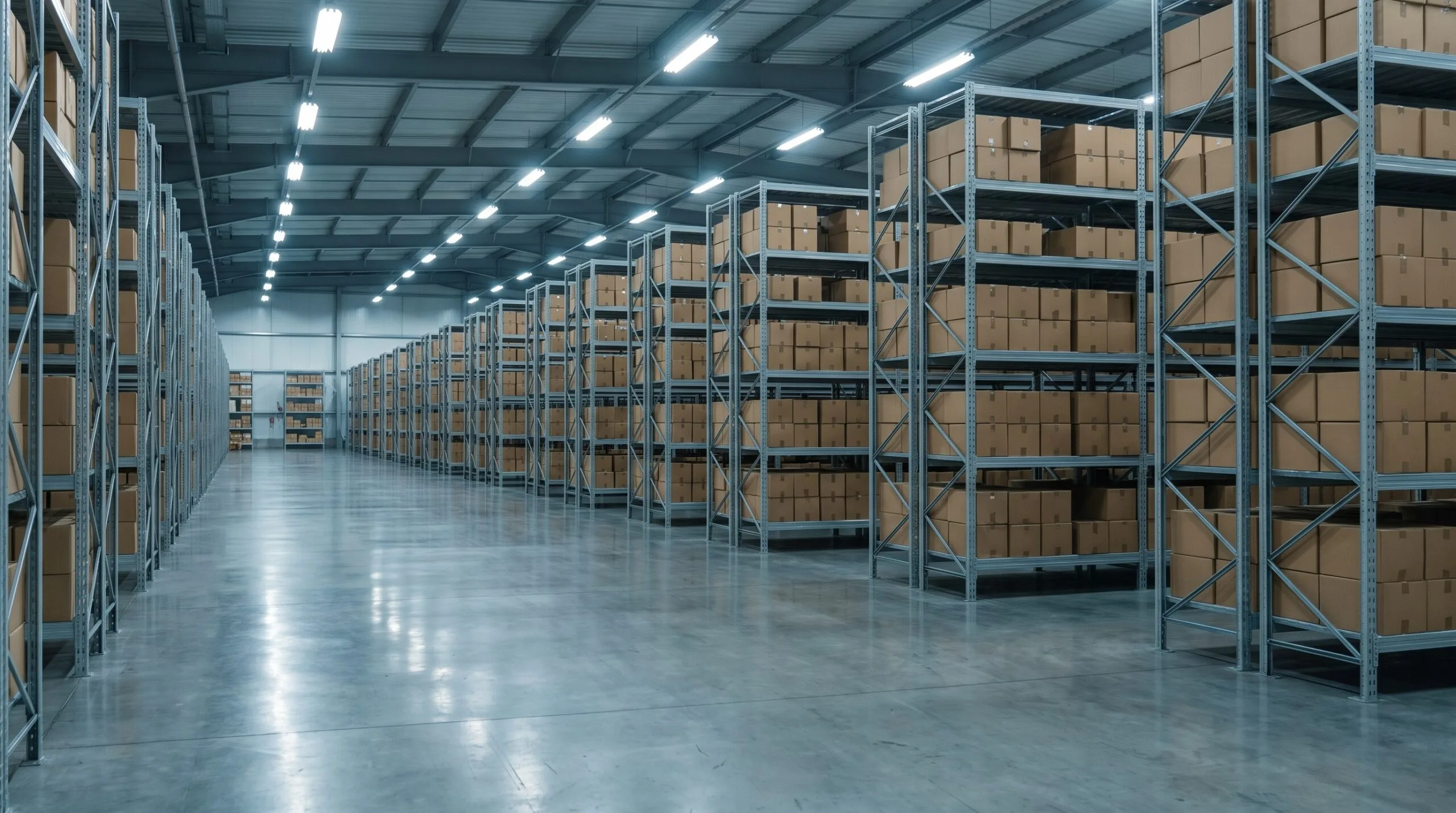 Corredor de estantes com caixas de papelão num centro de distribuição