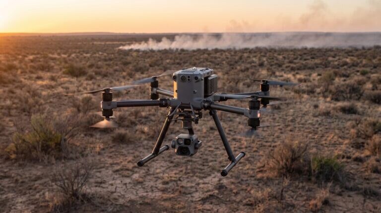 Drone profissional cinza pairando sobre vegetação seca com fumaça ao longe
