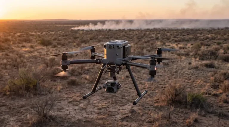 Drone profissional cinza pairando sobre vegetação seca com fumaça ao longe