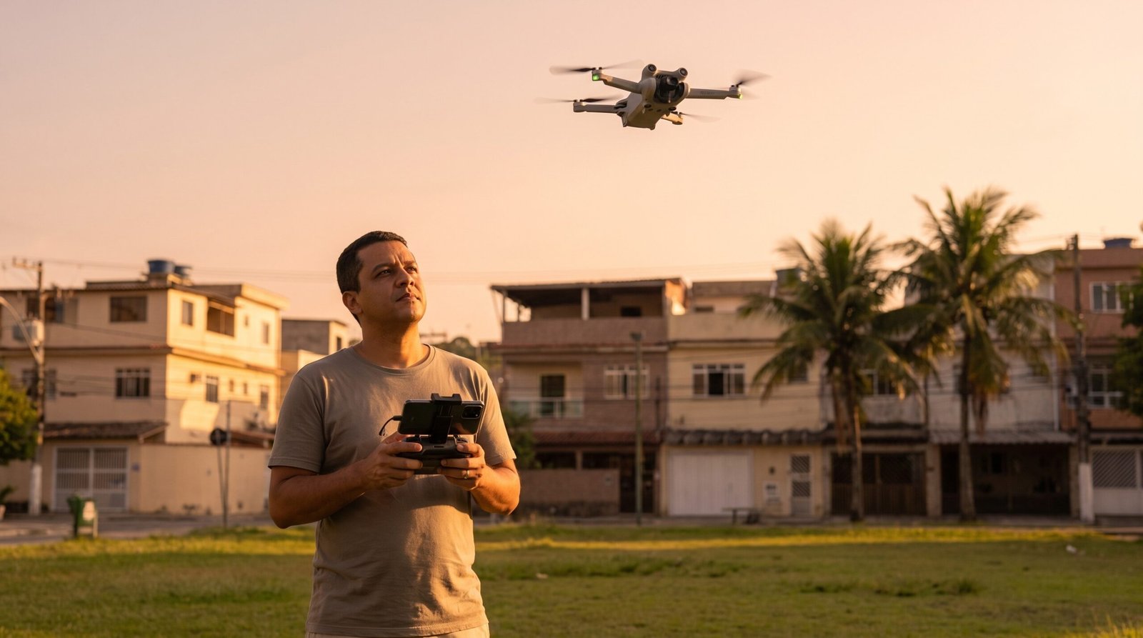 Piloto no parque olha o drone pequeno que paira sobre a grama ao entardecer