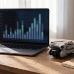 Notebook com gráfico de barras desfocado ao lado de um drone dobrado sobre a mesa