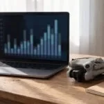 Notebook com gráfico de barras desfocado ao lado de um drone dobrado sobre a mesa