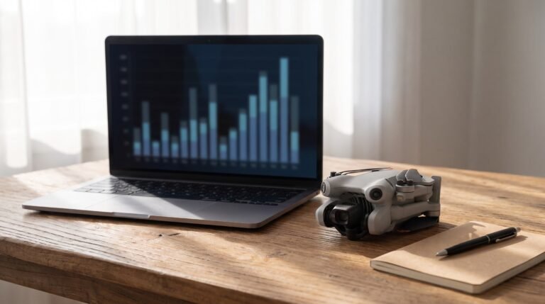 Notebook com gráfico de barras desfocado ao lado de um drone dobrado sobre a mesa