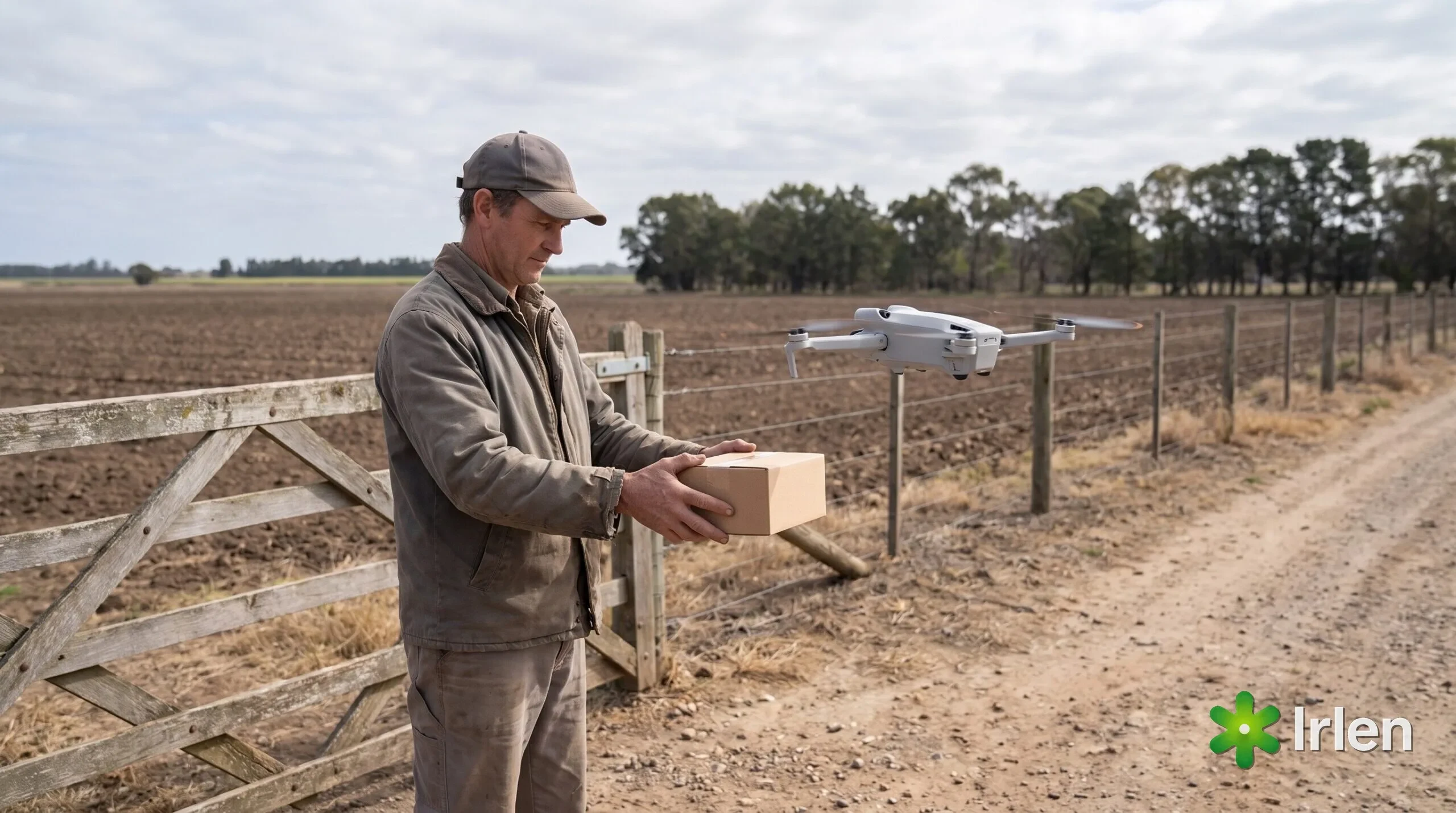 Trabalhador recebe uma caixa pequena de um drone na porteira da fazenda