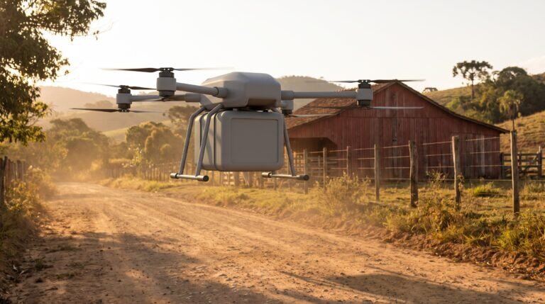 Drone de carga pairando sobre a estrada de uma fazenda com uma caixa acoplada