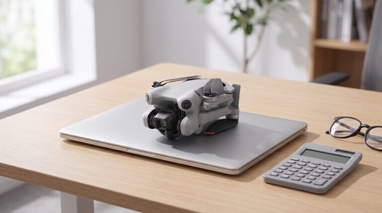 Drone sobre um notebook fechado em uma mesa de escritório