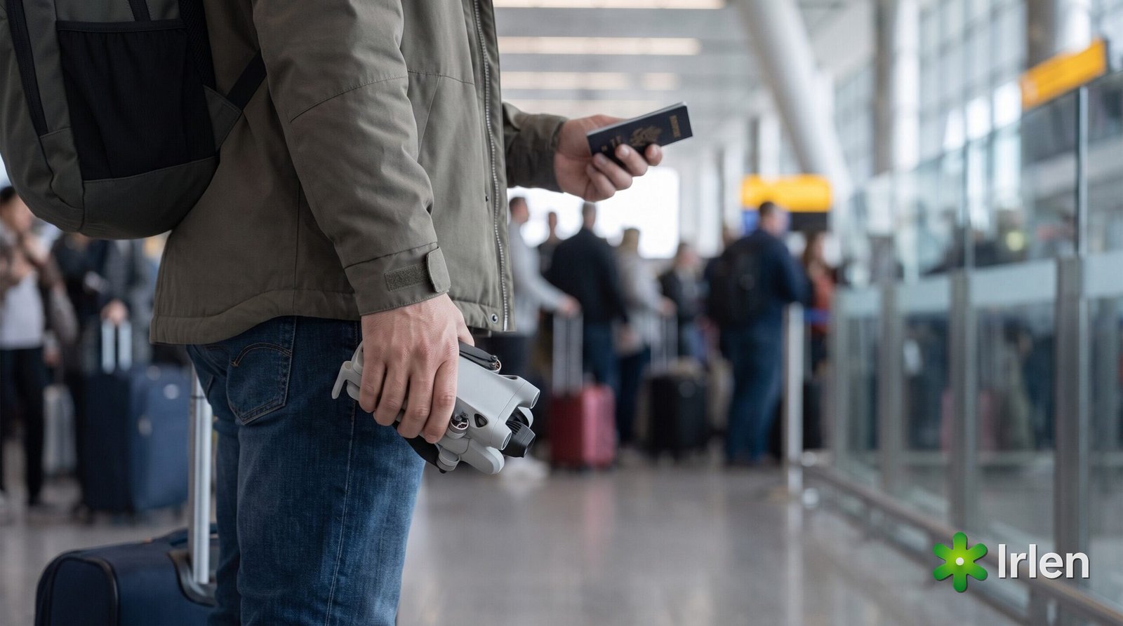 Viajante com drone dobrado e passaporte no saguão do aeroporto