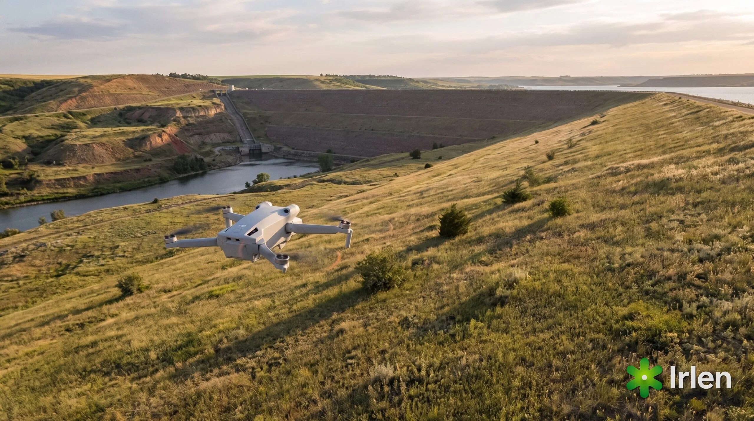 Drone sobrevoando o talude de jusante de uma barragem de terra