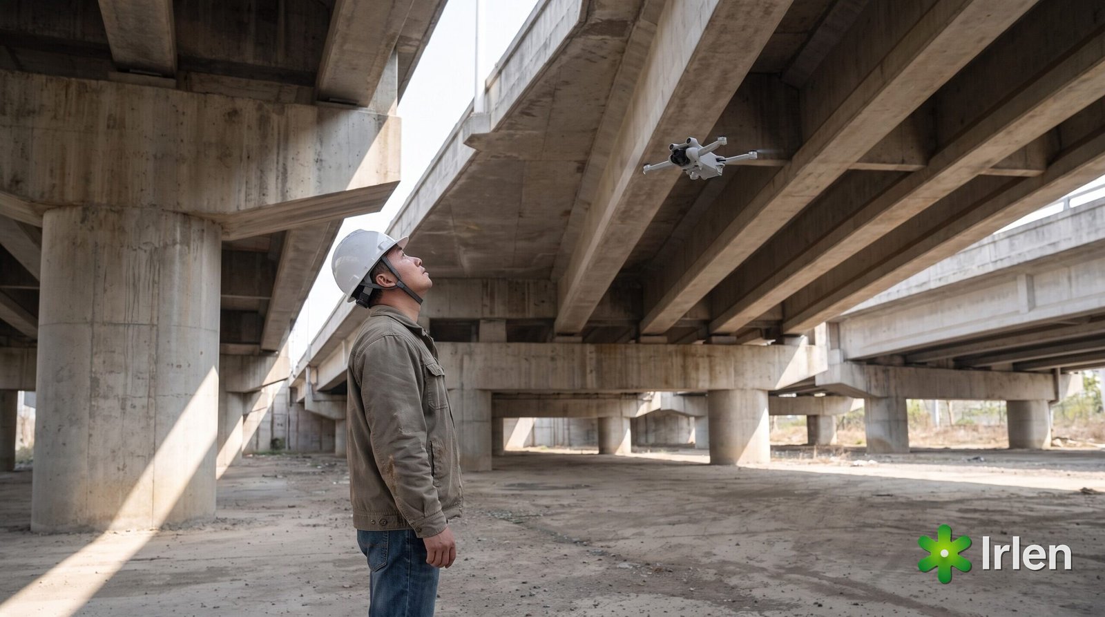 Inspetor observando a estrutura da ponte com o drone ao lado
