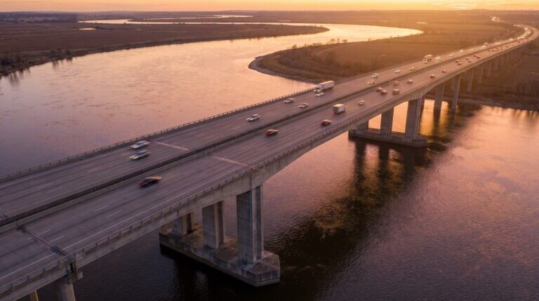 Ponte rodoviária de concreto cruzando um rio largo ao entardecer