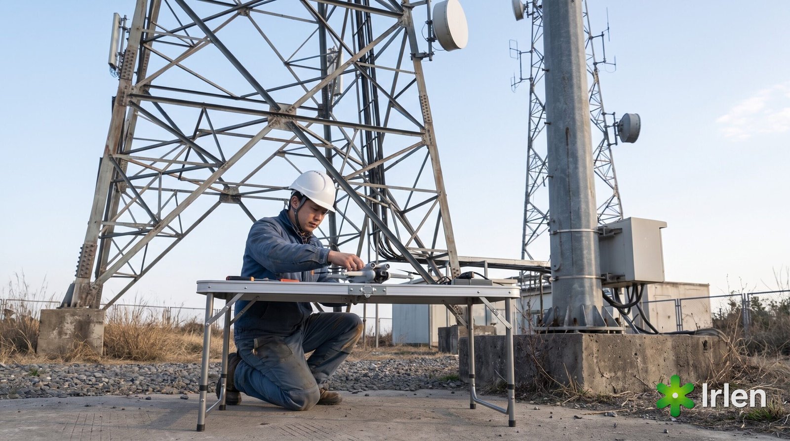 Técnico preparando o drone na base da torre de telecom