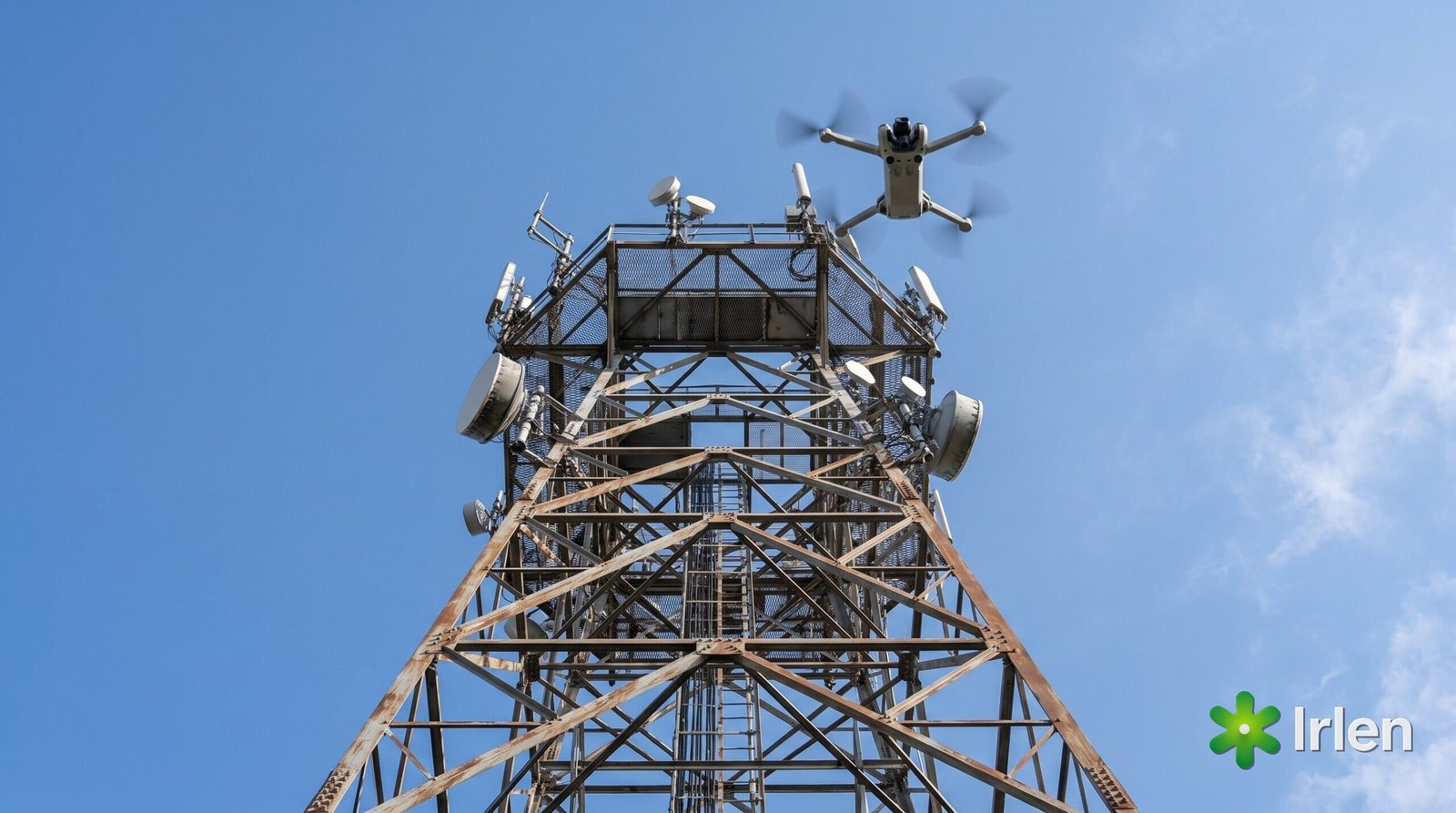 Drone inspecionando o topo de uma torre de telecom contra o céu