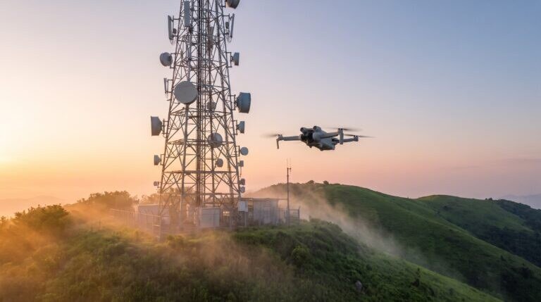 Torre de telecom com antenas e drone pairando ao lado ao amanhecer