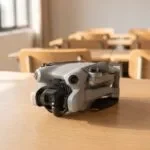 Drone sobre mesa de sala de aula com cadeiras ao fundo