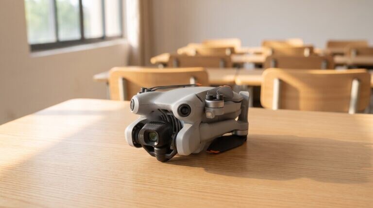 Drone sobre mesa de sala de aula com cadeiras ao fundo