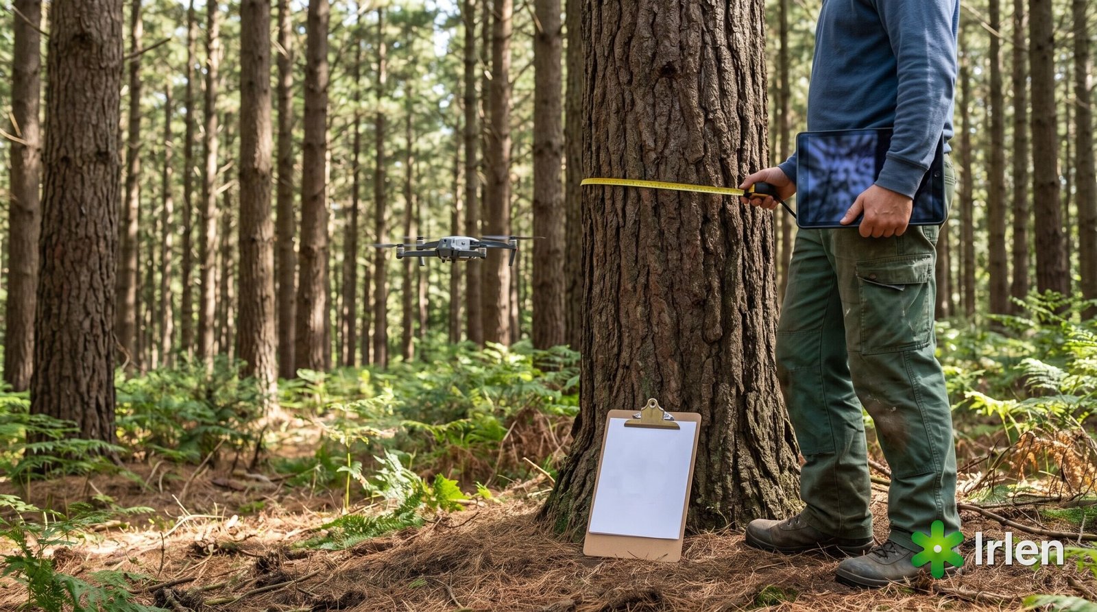 Engenheiro florestal com prancheta e tablet dentro da floresta