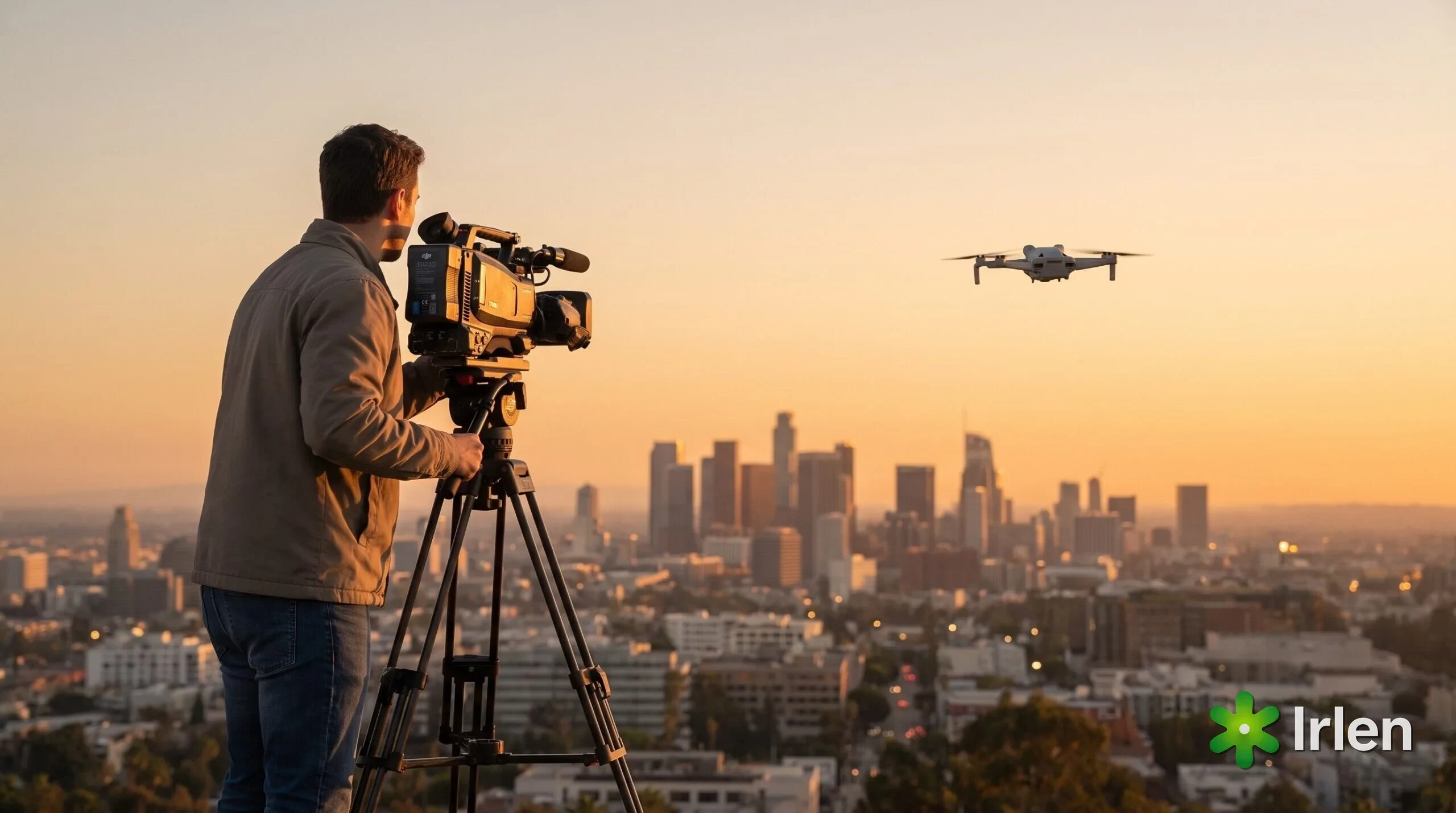 Cinegrafista gravando com drone no céu à frente da cidade
