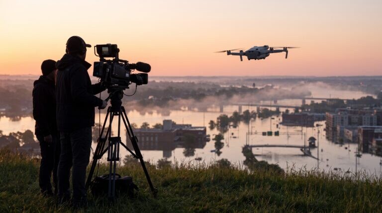 Equipe de TV filmando de um morro com drone sobre área alagada ao amanhecer