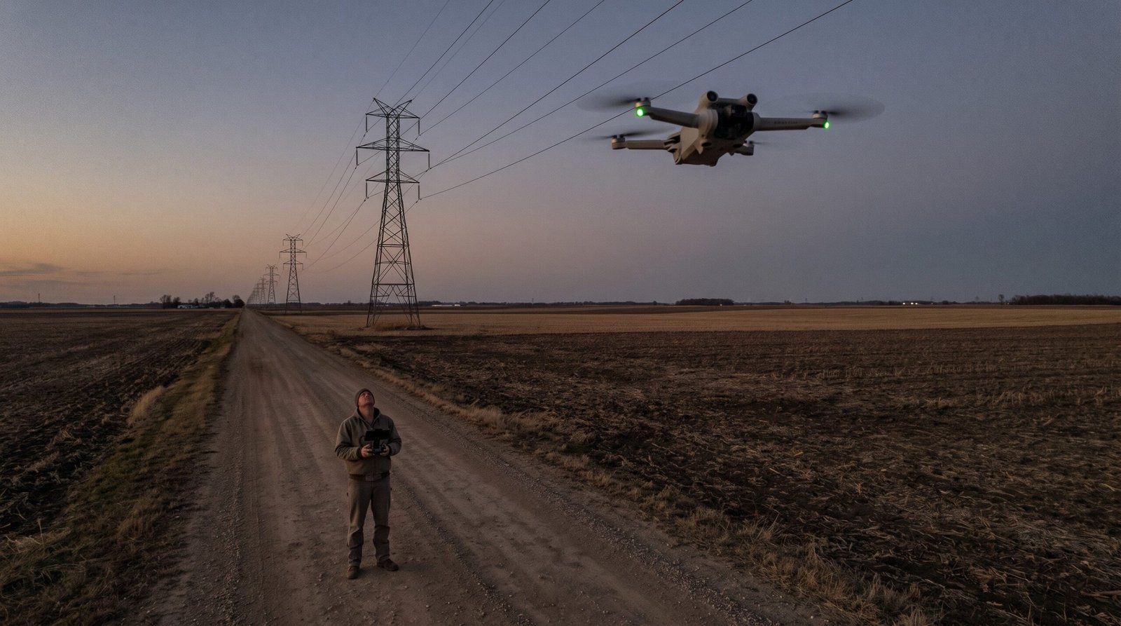 Drone sobre linha de transmissão ao entardecer com o piloto ao longe
