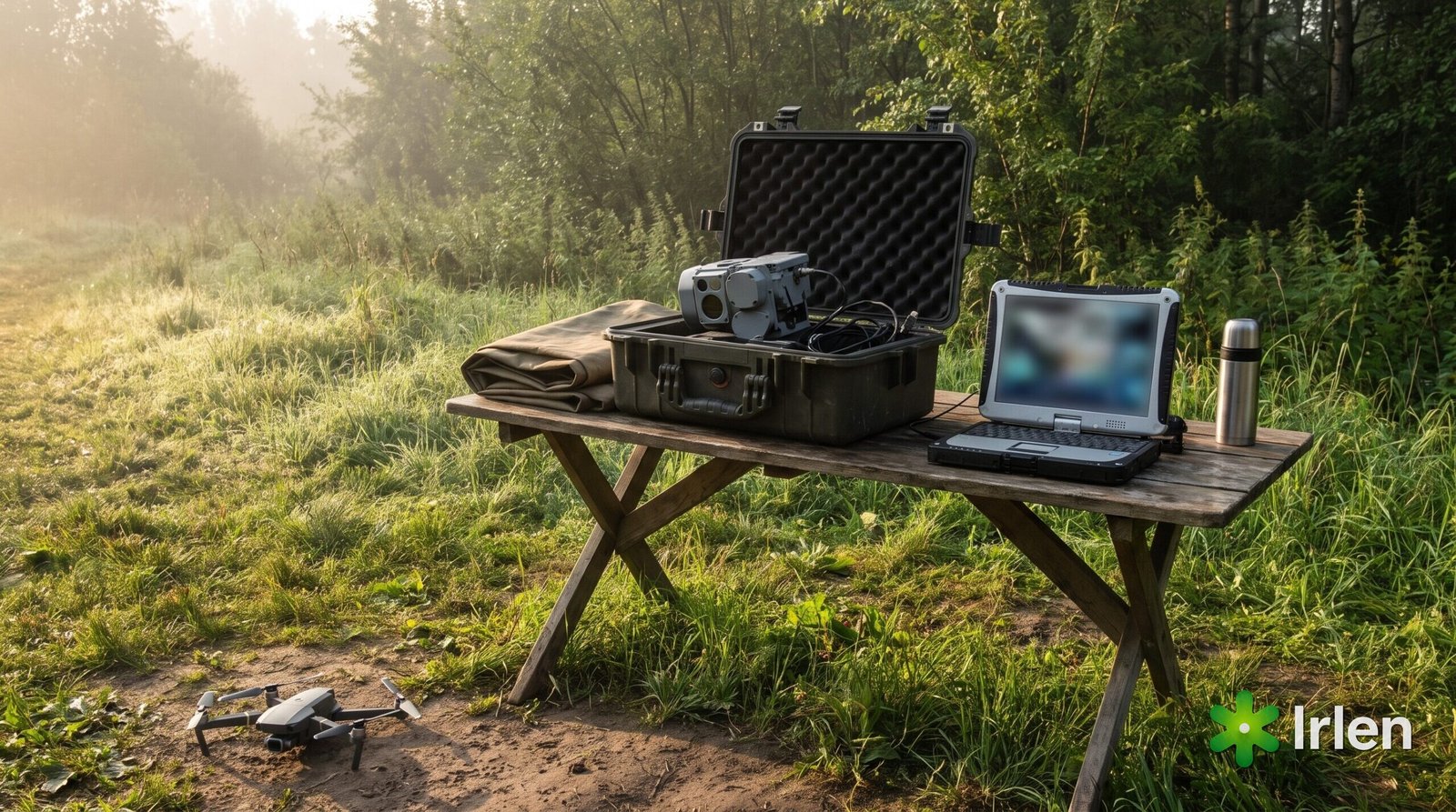 Mala de transporte com sensor LiDAR e notebook em campo