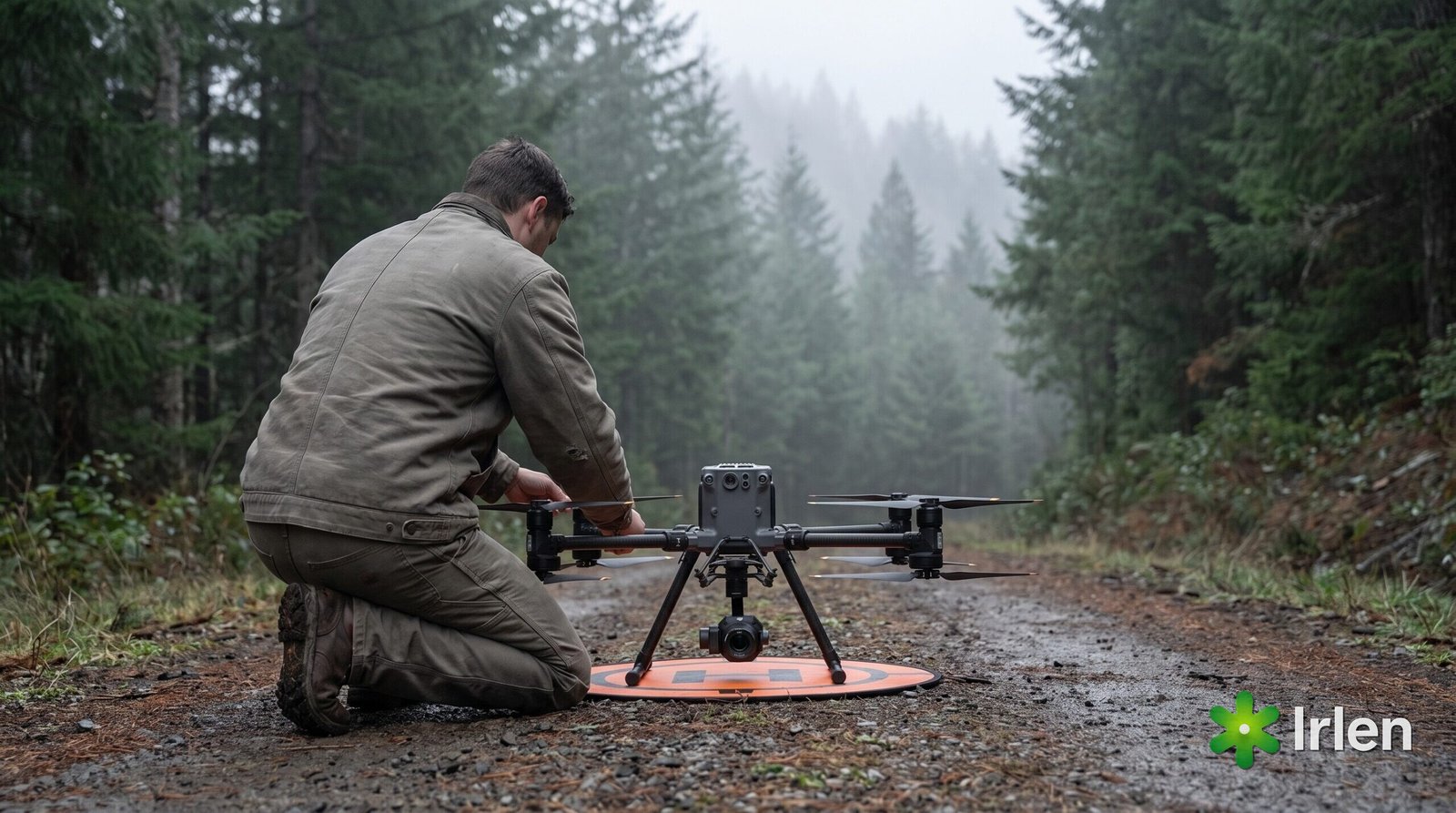 Operador preparando drone profissional em estrada de serviço na floresta