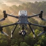 Drone profissional com sensor pairado sobre floresta densa ao amanhecer