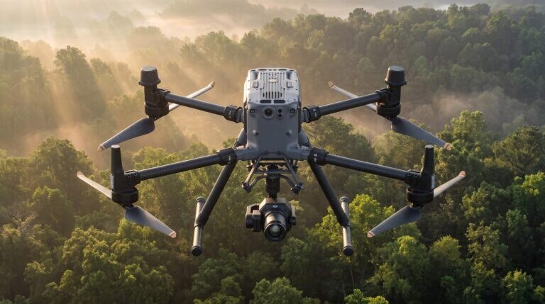 Drone profissional com sensor pairado sobre floresta densa ao amanhecer