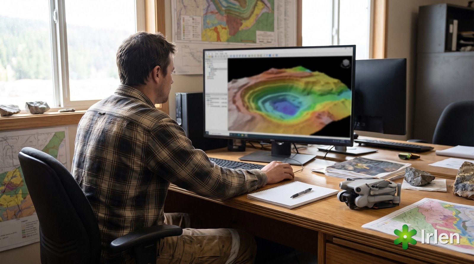 Profissional analisando modelo 3D em monitor com o drone sobre a mesa