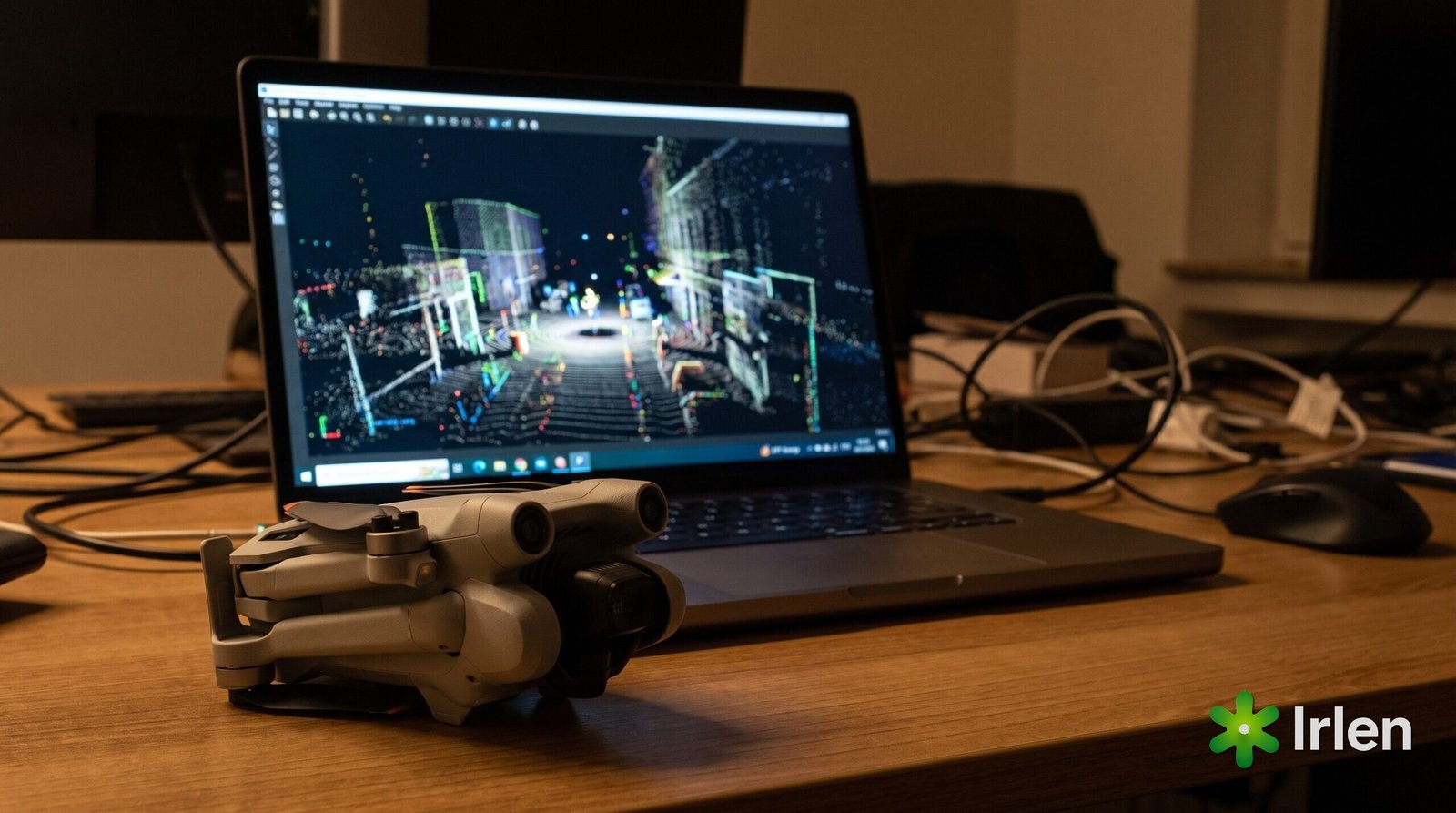 Modelo tridimensional em tela com o drone sobre a mesa