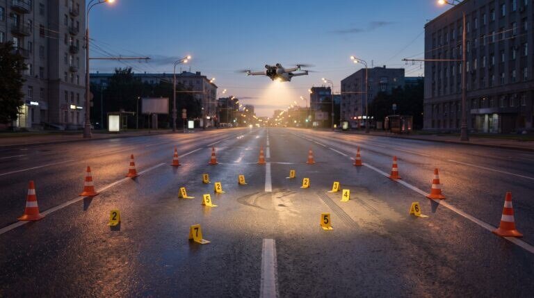 Cena de reconstituição de acidente com marcadores e drone pairando ao anoitecer