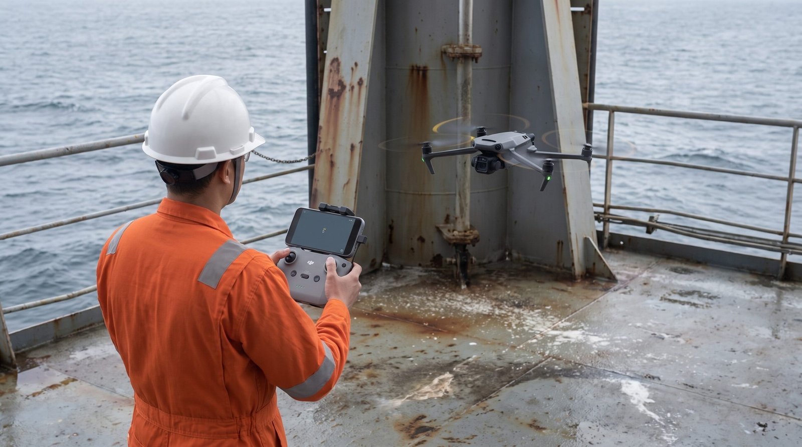 Piloto de macacão laranja e capacete opera o drone no convés de um navio