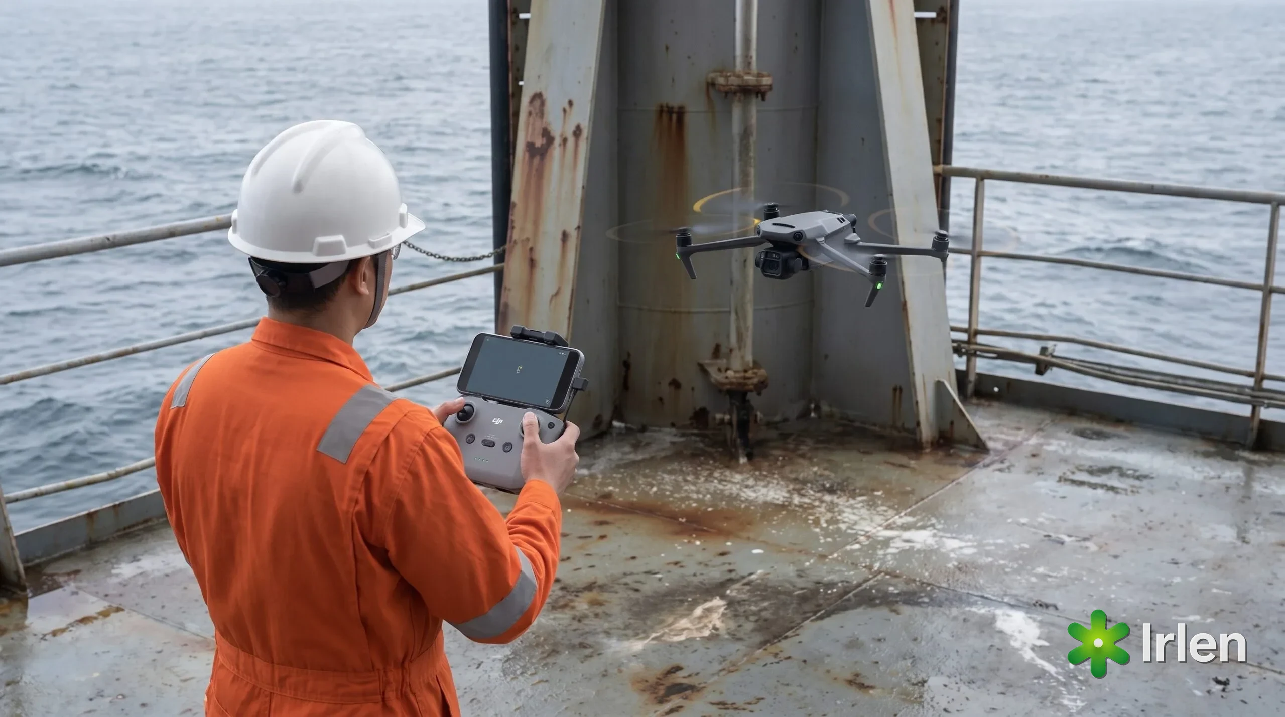 Piloto de macacão laranja e capacete opera o drone no convés de um navio