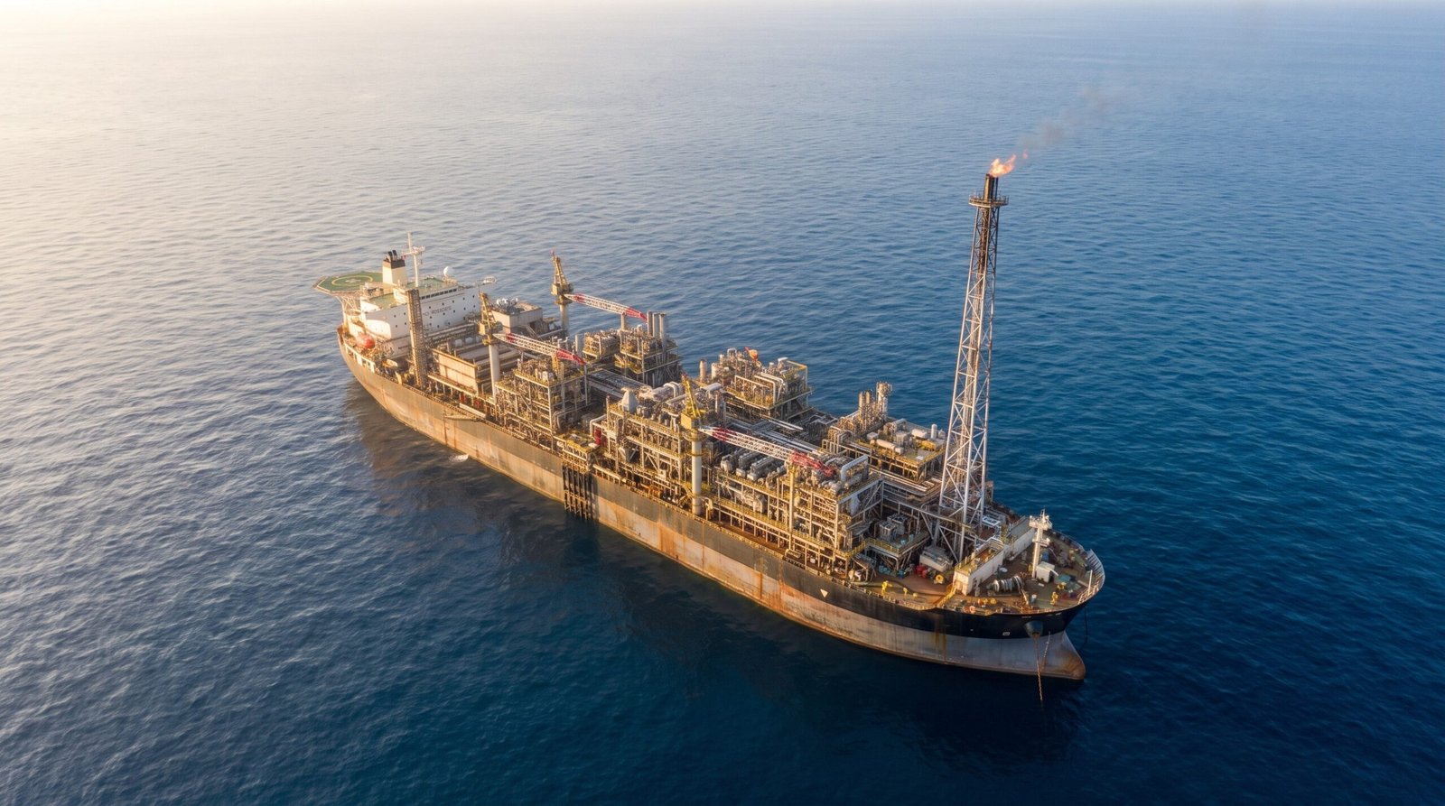 Vista aérea de uma plataforma FPSO em alto-mar