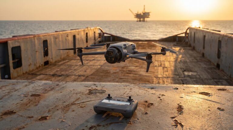 Drone paira sobre o convés de um navio com uma plataforma de petróleo no horizonte