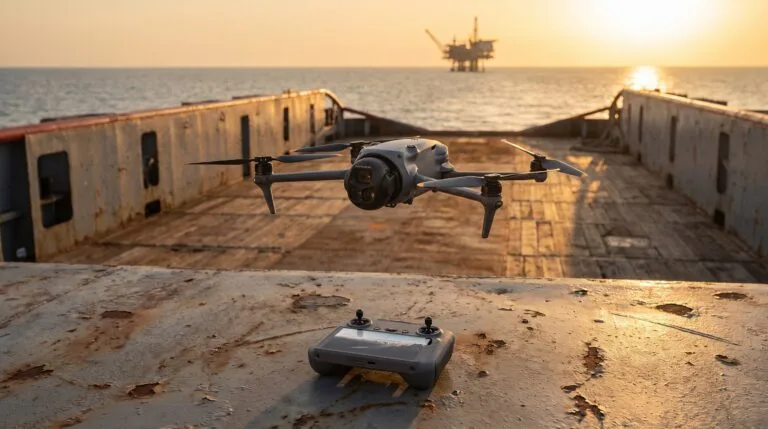 Drone paira sobre o convés de um navio com uma plataforma de petróleo no horizonte