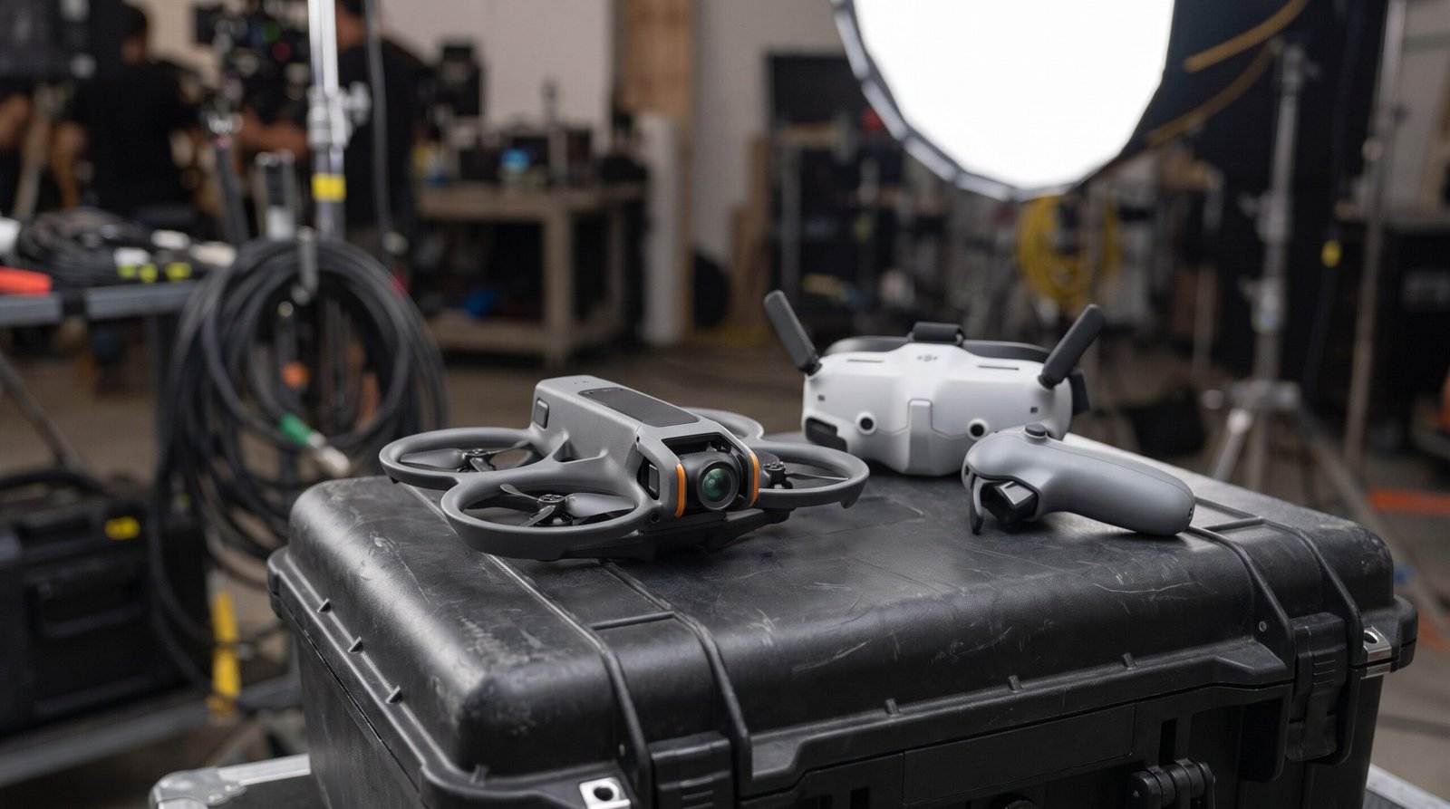 Drone FPV, óculos e controle sobre o case no set de filmagem