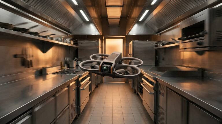 Drone FPV com hélices protegidas voando pelo corredor de uma cozinha industrial