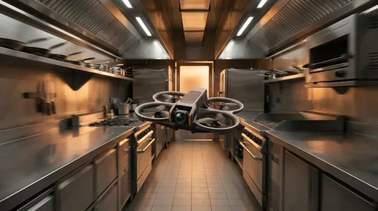 Drone FPV com hélices protegidas voando pelo corredor de uma cozinha industrial