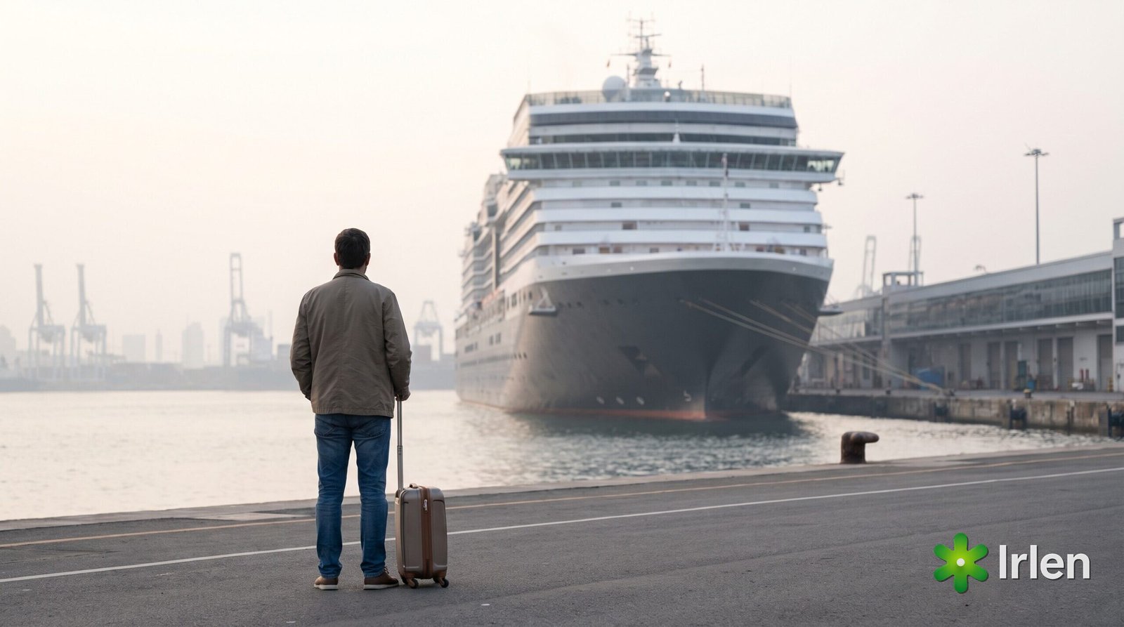 Viajante com mala observando o navio no terminal de cruzeiro