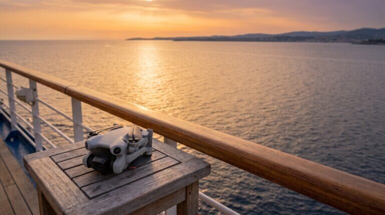 Drone dobrado sobre mesa no convés de um navio de cruzeiro