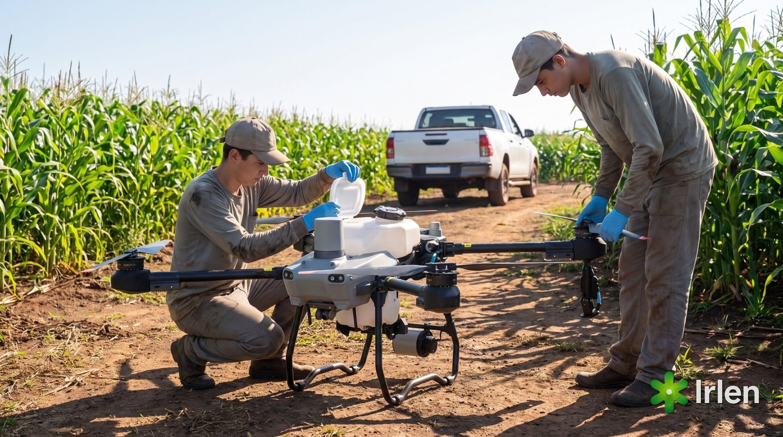 Dois trabalhadores preparam um drone agrícola DJI Agras T25 na beira de uma lavoura de milho