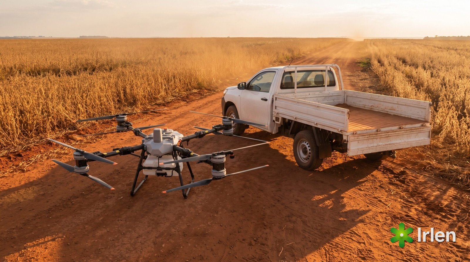 Drone agrícola DJI Agras T50 parado ao lado de uma caminhonete em estrada de terra entre lavouras de soja já colhidas