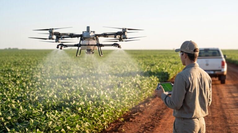 Drone agrícola DJI Agras T50 pulverizando lavoura de soja ao amanhecer, com o piloto na beira do talhão