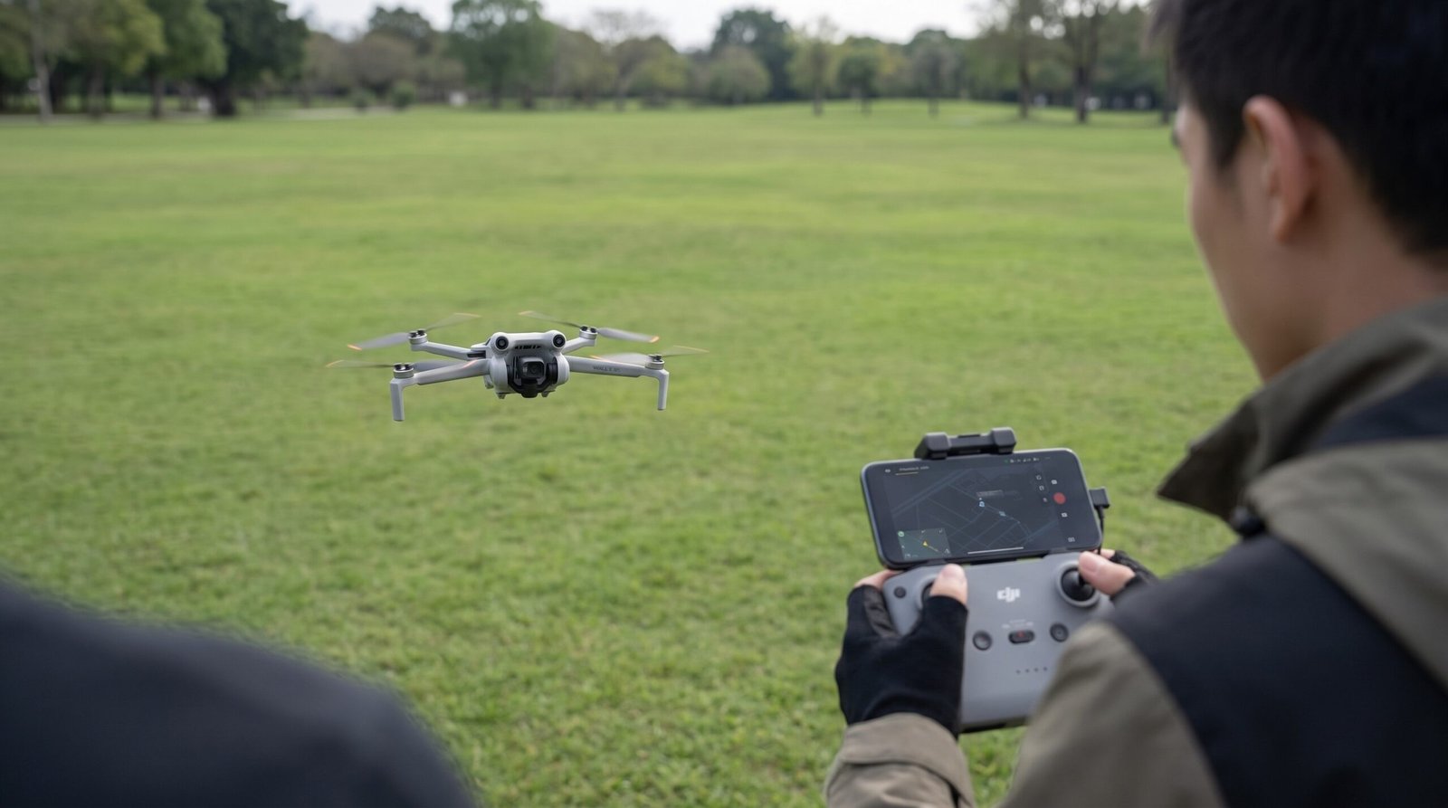 Piloto confere a tela do controle no parque enquanto o drone paira baixo à frente