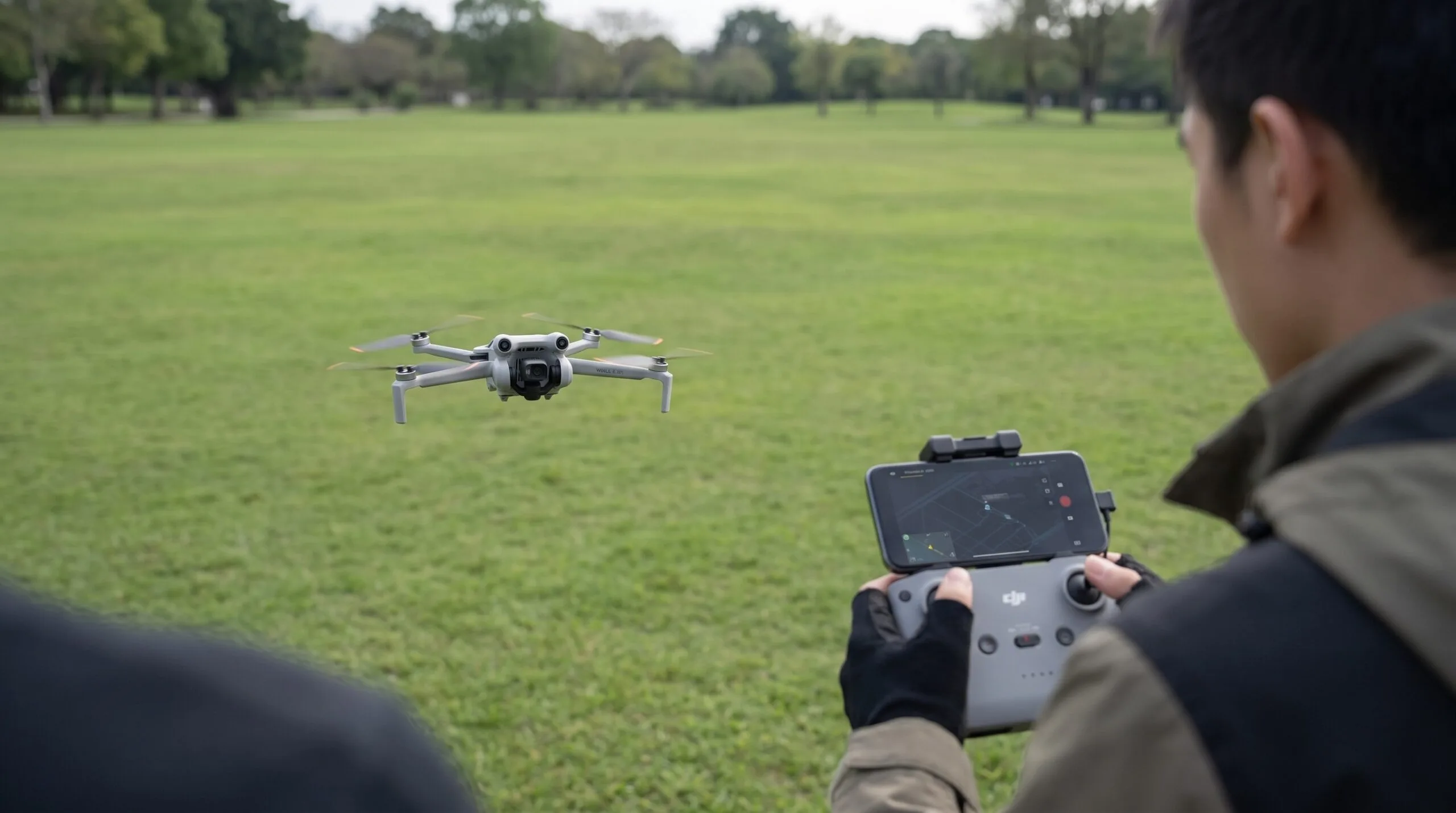 Piloto confere a tela do controle no parque enquanto o drone paira baixo à frente