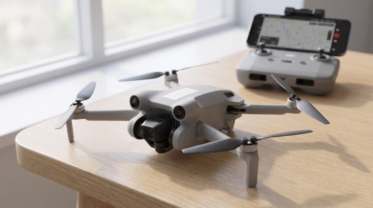 Drone pequeno sobre a mesa com uma etiqueta branca na fuselagem e o controle ao fundo