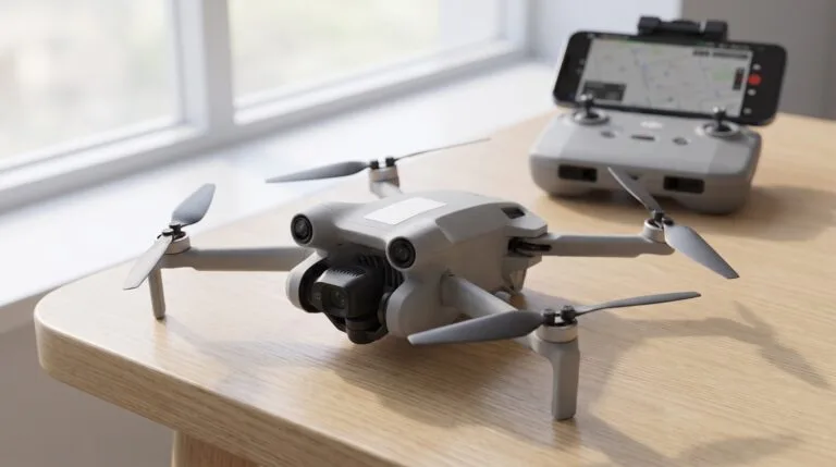 Drone pequeno sobre a mesa com uma etiqueta branca na fuselagem e o controle ao fundo