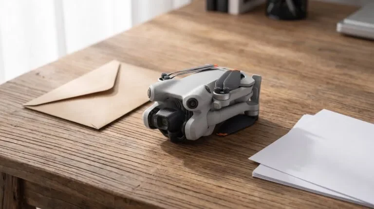 Drone cinza dobrado sobre uma mesa ao lado de documentos