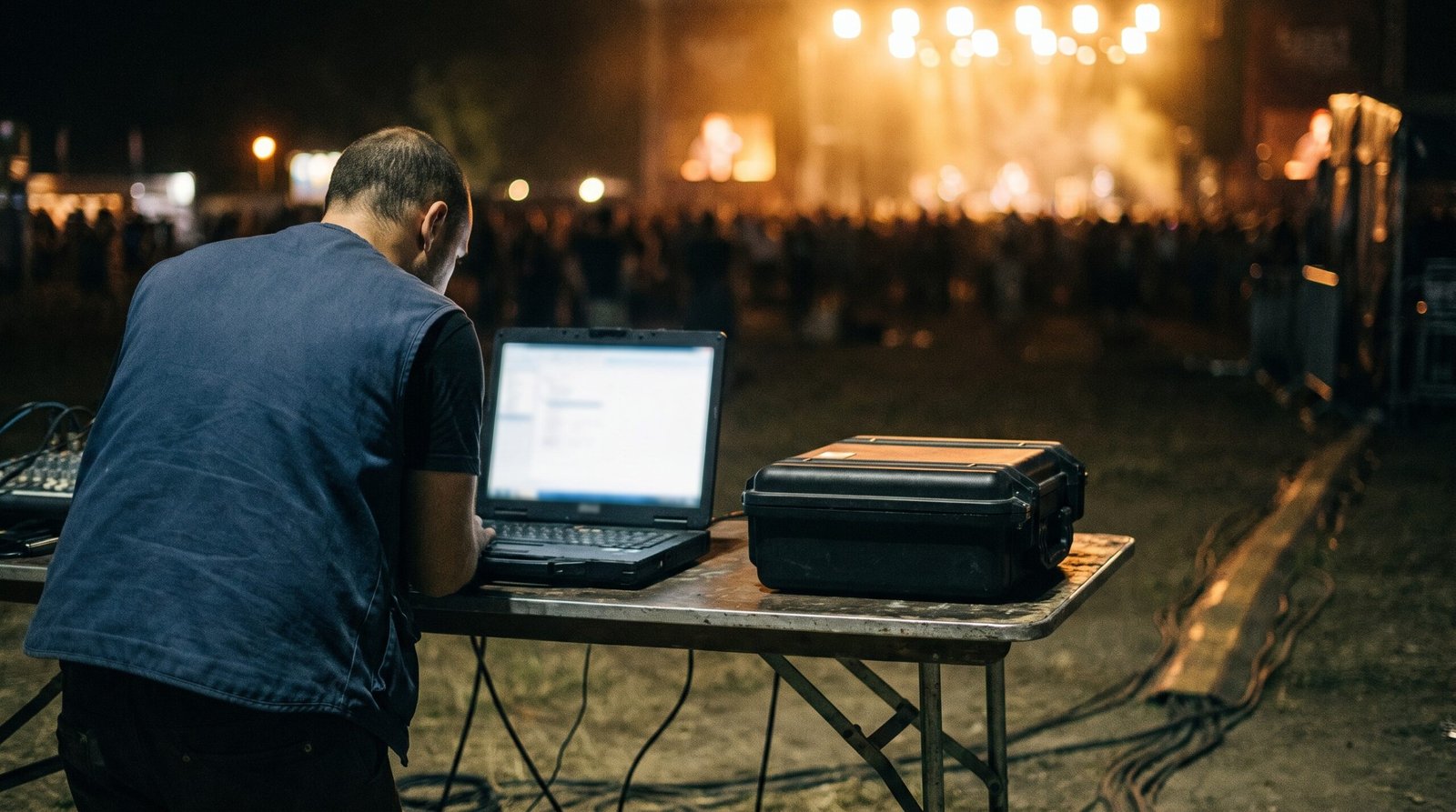 Integrante da equipe operando um notebook na mesa de campo durante a montagem do show